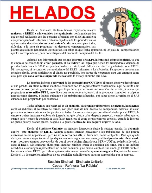 Huelva: Denuncian mala gestión y ERTE aplicado bajo el chantaje en la refinería de CEPSA de La Rabida