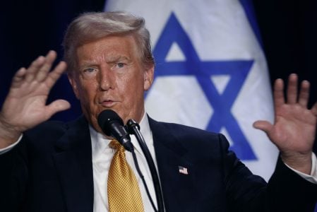 WASHINGTON, DC - SEPTEMBER 19: Republican presidential nominee, former U.S. President Donald Trump speaks before prominent Jewish donors at an event titled "Fighting Anti-Semitism in America" at the Hyatt Regency Capitol Hill on September 19, 2024 in Washington, DC. “This United States election is the most important election in Israeli history," Trump told the assembled. Calling himself the greatest president for Jews in history, Trump said that if he does not win in November, Israel will be “eradicated” within two years.   (Photo by Chip Somodevilla/Getty Images)